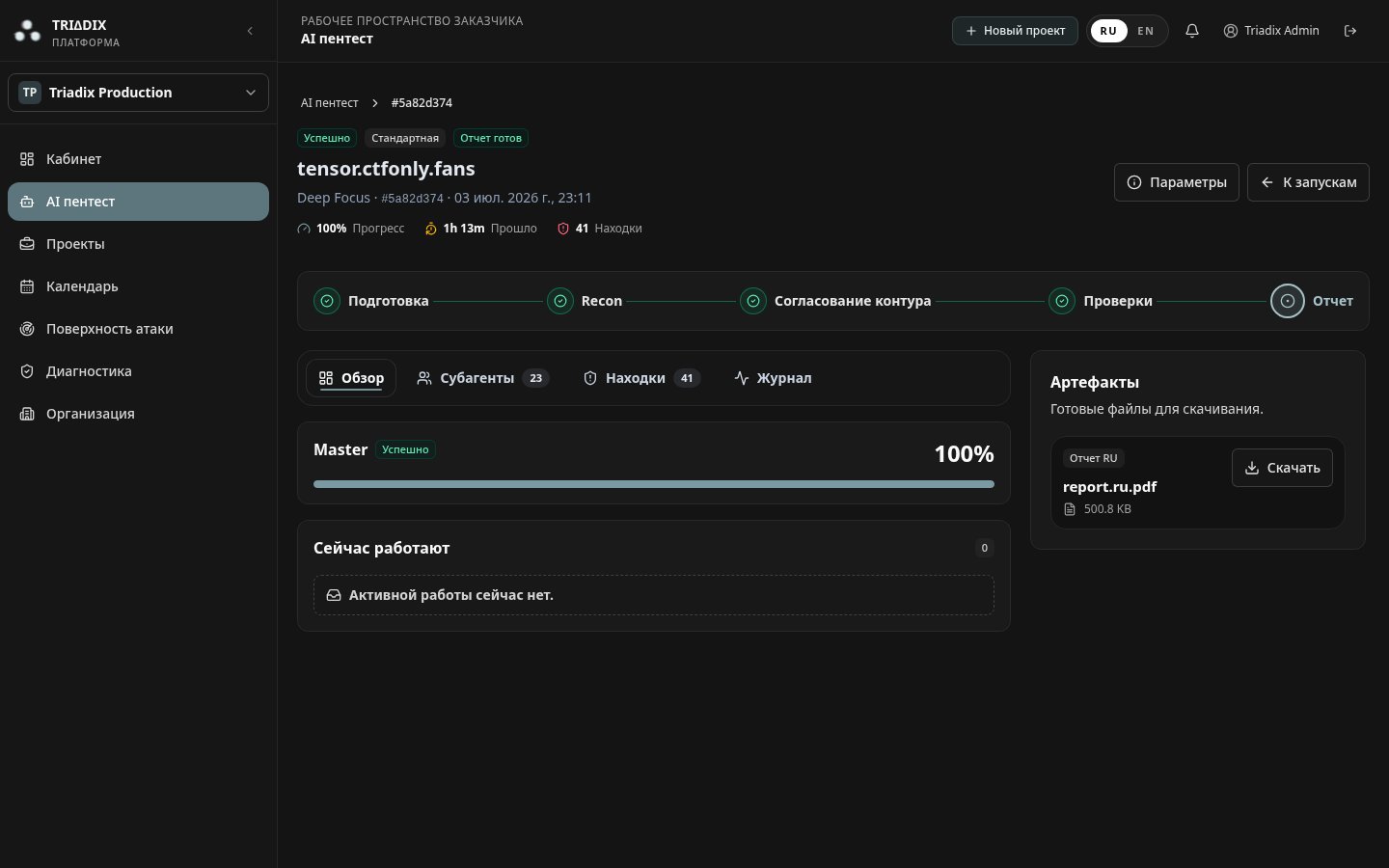 Интерфейс обзора запуска Triadix AI Пентест