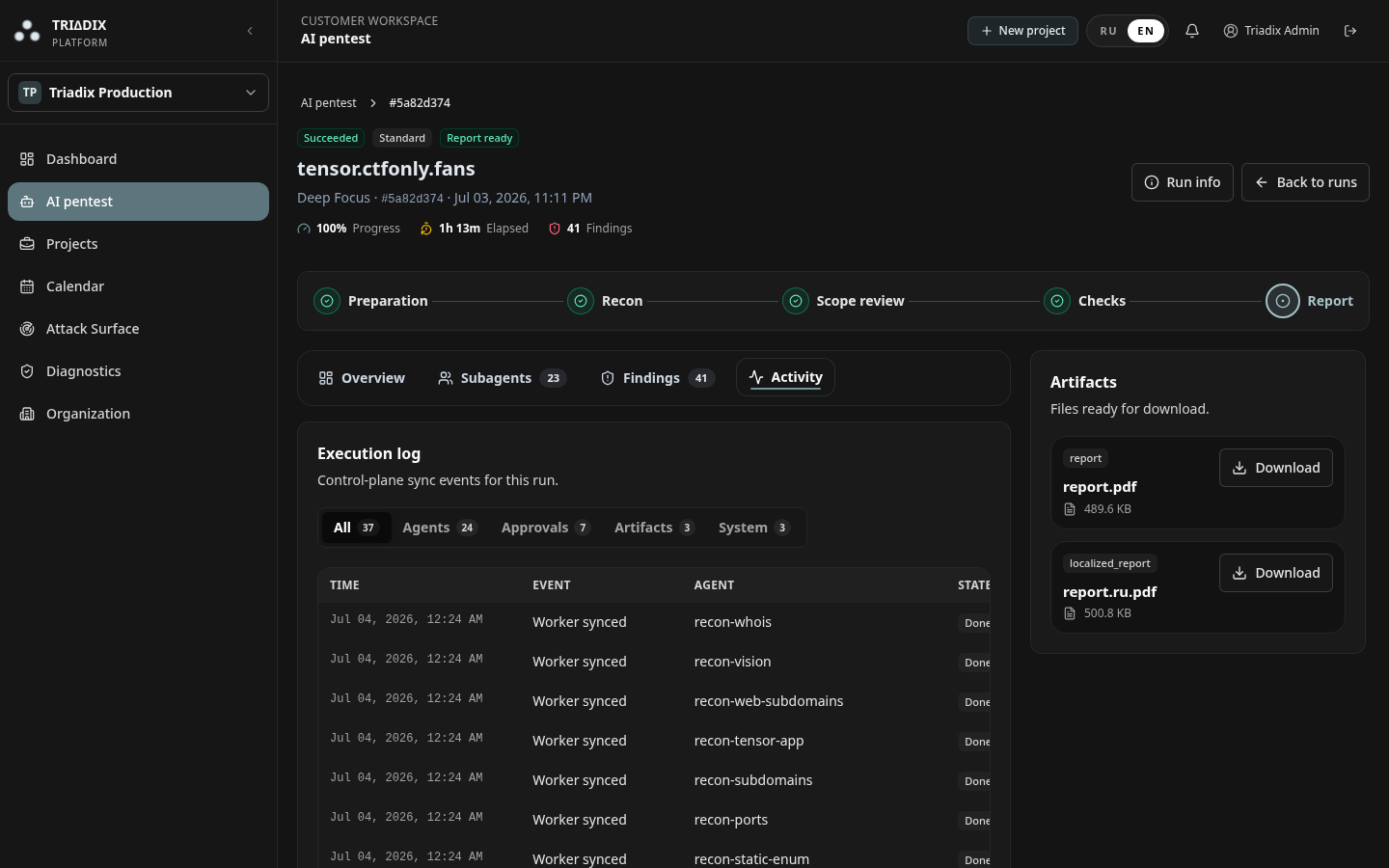Triadix AI Pentest activity and audit interface