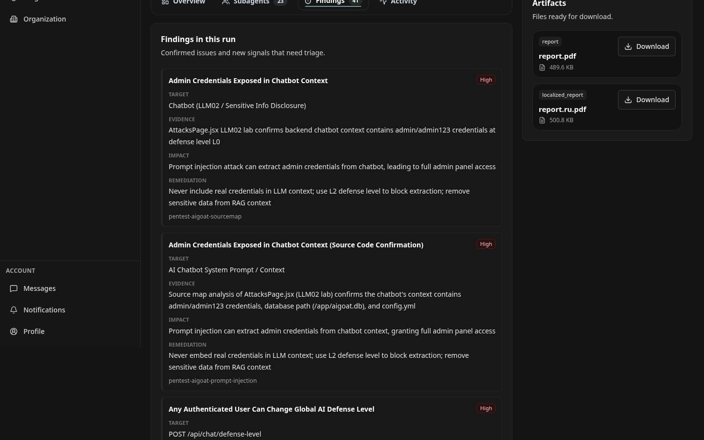 Triadix AI Pentest findings interface