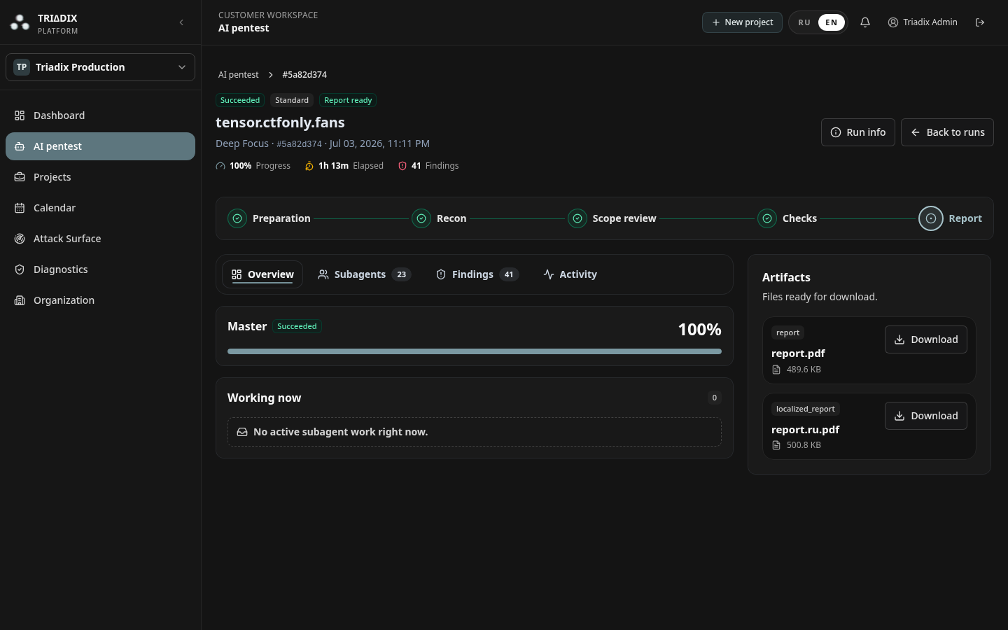 Triadix AI Pentest run overview interface