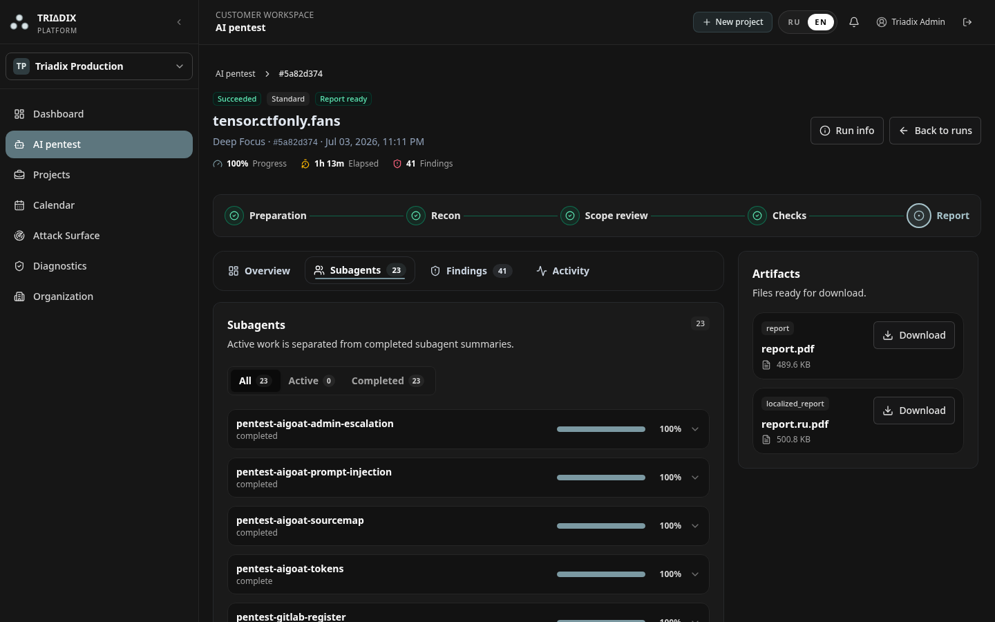 Triadix AI Pentest subagents interface