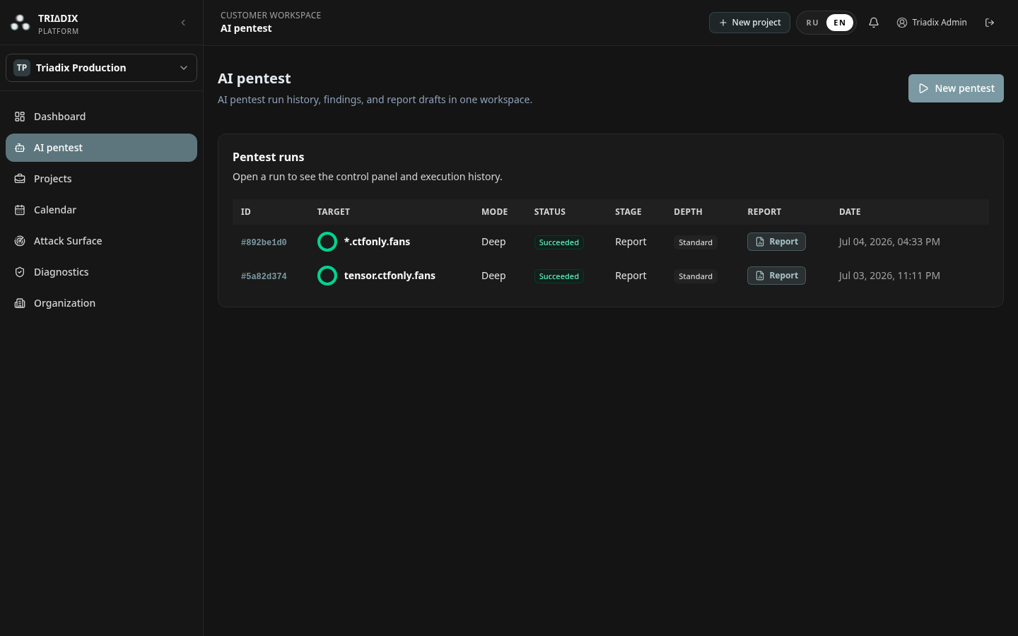 Triadix AI Pentest workspace with run history